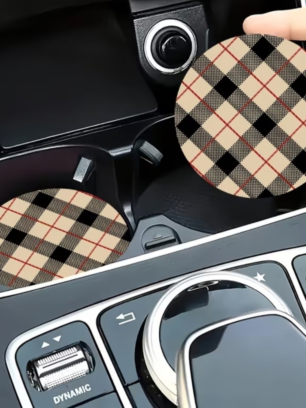 Plaid Car Cup Holder (2) Coasters - Tan & Black Plaid